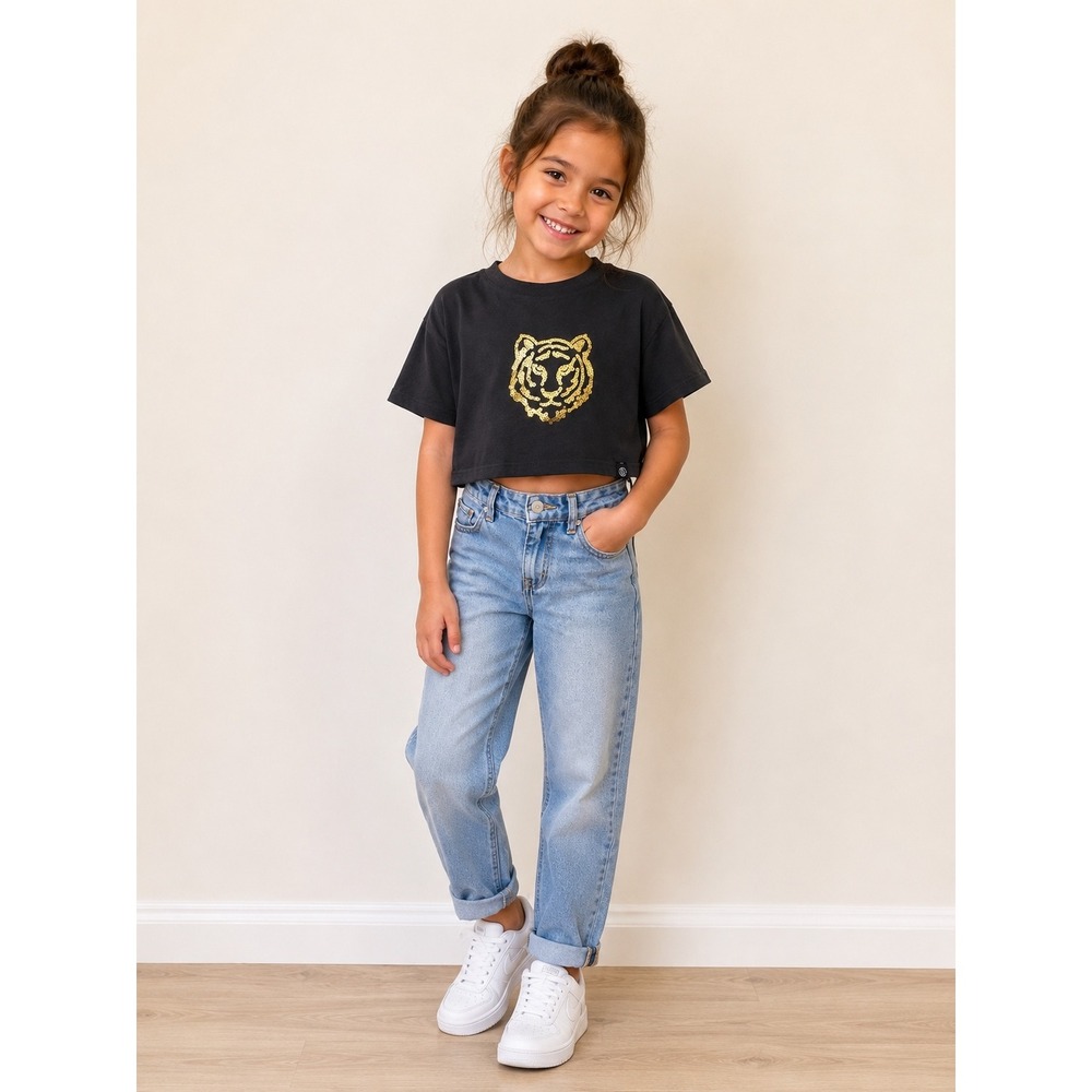T&B Tiger Sequin Graphic Tee Boxy Cropped Gray Size M 8/10 Kids Short Sleeve